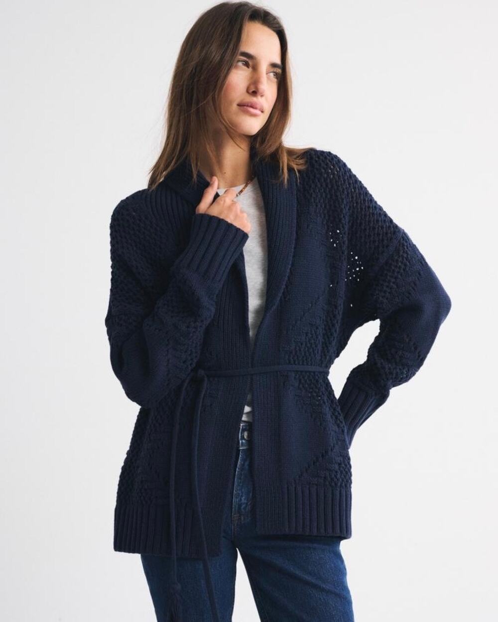Abercrombie & Fitch Textural Stitch Belted Cardigan Navy Oversized Open Knit XL